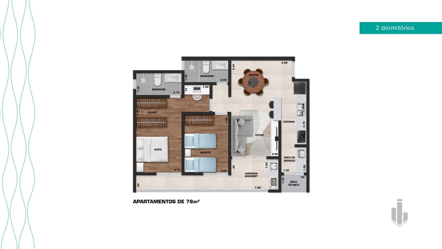 Planta Tipologia 78 m² · 2 dorm · 1 vaga